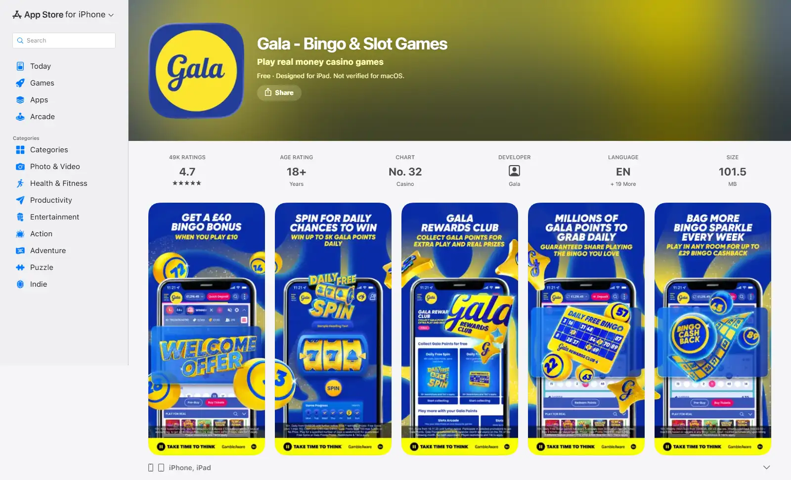 Current Gala Bingo UK App Store listing