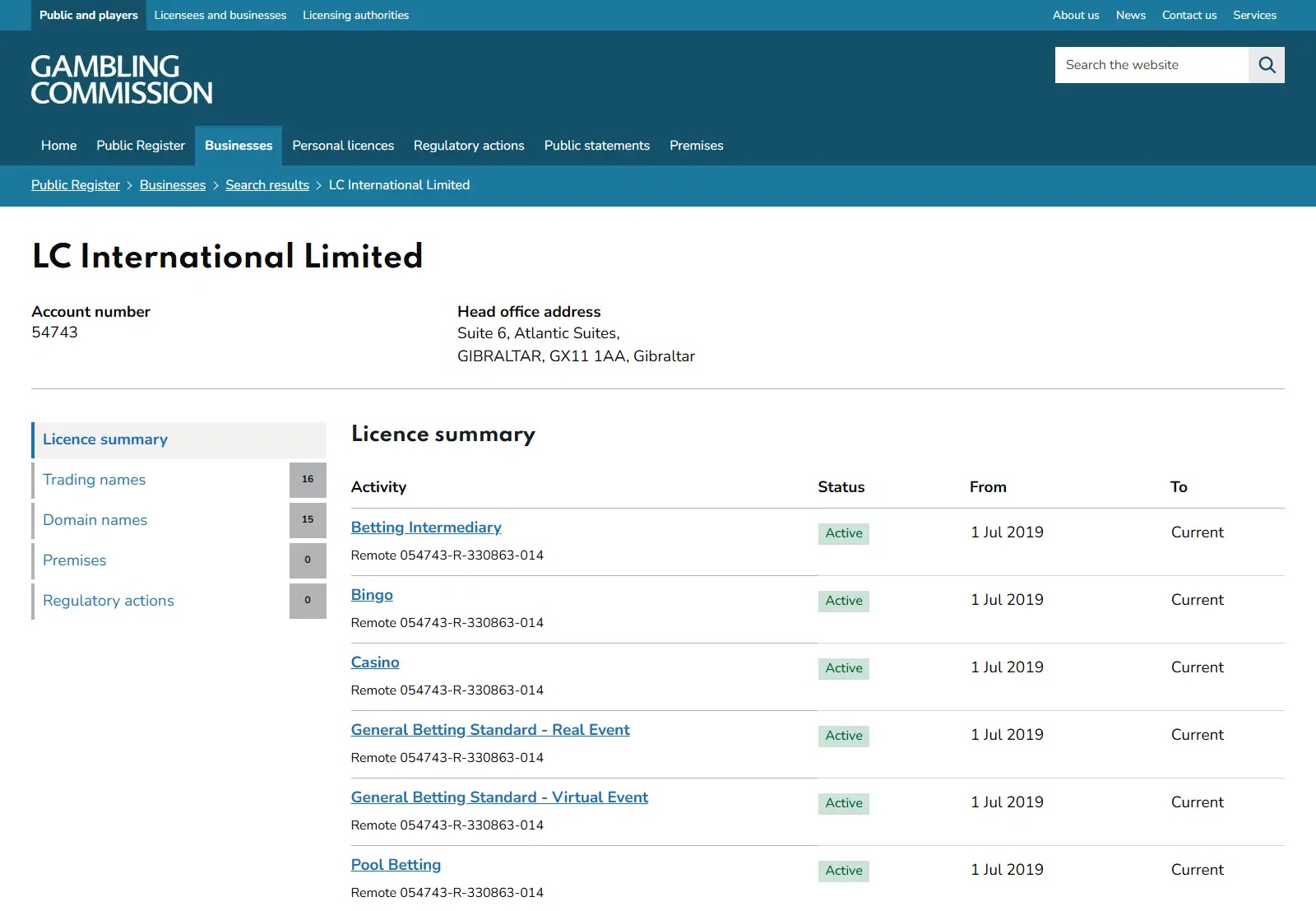 UK Gambling Commission register entry for LC International Limited