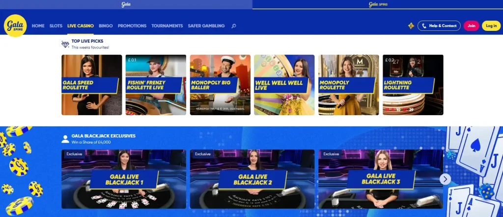 Current Gala Bingo live casino lobby