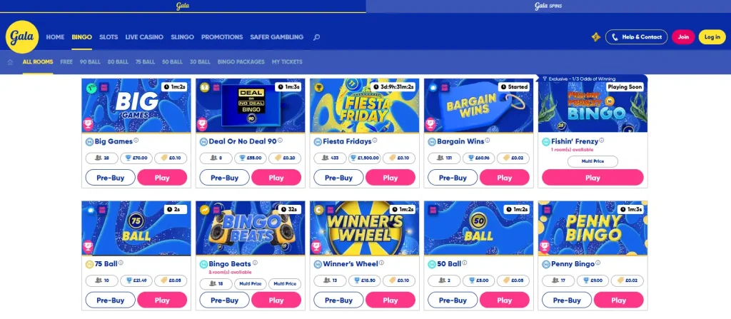 Current Gala Bingo lobby with bingo room categories