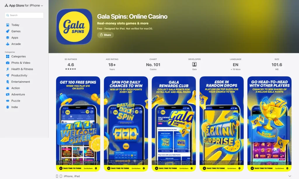 Gala Bingo mobile app listing on a UK app store
