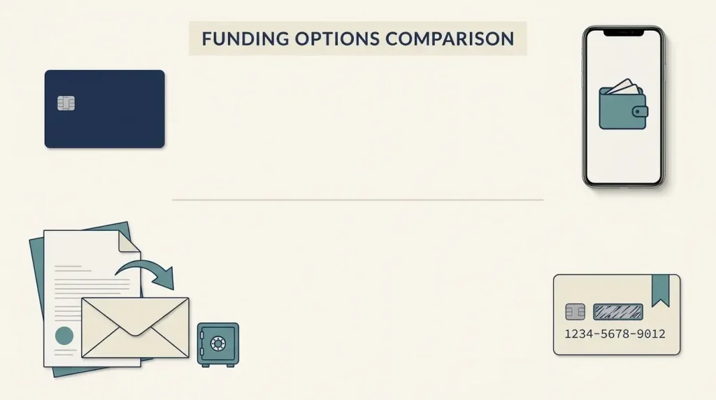 Illustration comparing debit card, e-wallet, prepaid and bank transfer payment categories